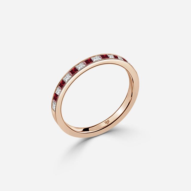 Princess Cut Ruby And Diamond Rose Gold Wedding Ring