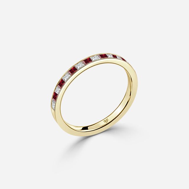 Princess Cut Ruby And Diamond Yellow Gold Wedding Ring