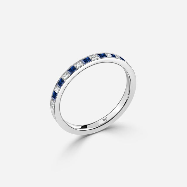 Princess Cut Sapphire And Diamond White Gold Wedding Ring