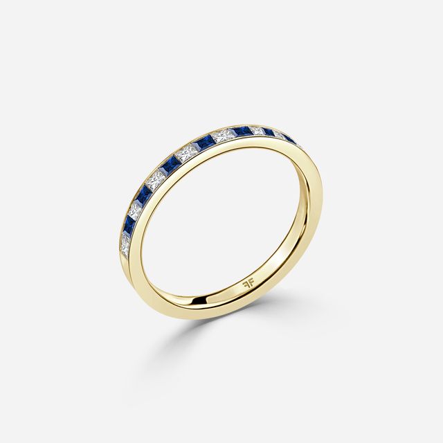Princess Cut Sapphire And Diamond Yellow Gold Wedding Ring