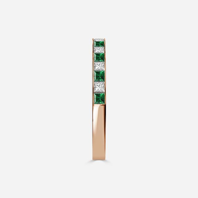 Princess Cut Emerald And Diamond Rose Gold Wedding Ring