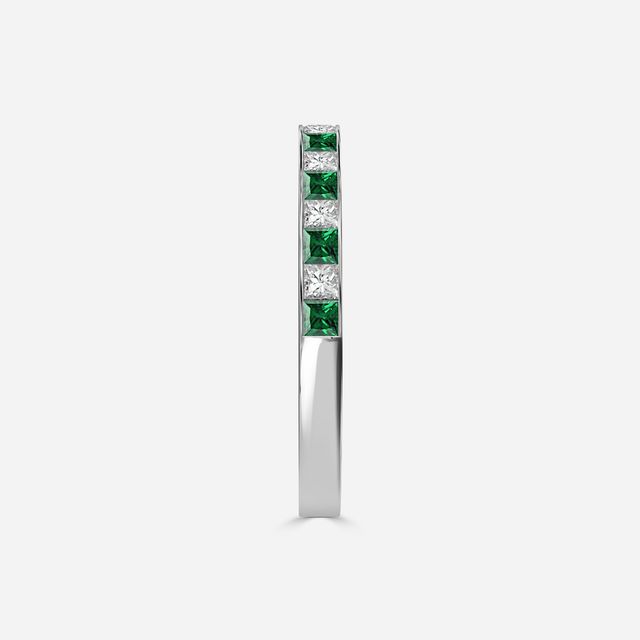 Princess Cut Emerald And Diamond White Gold Wedding Ring