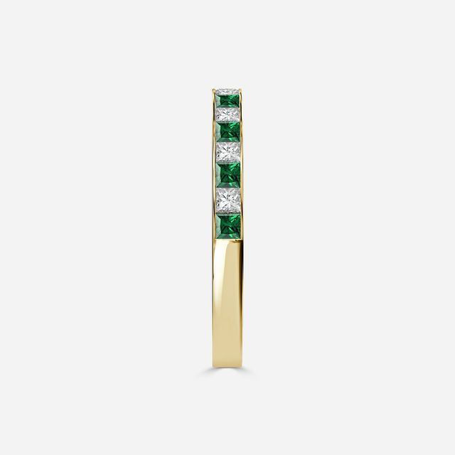 Princess Cut Emerald And Diamond Yellow Gold Wedding Ring