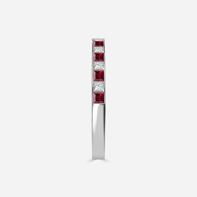 Princess Cut Ruby And Diamond White Gold Wedding Ring