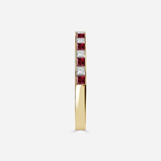 Princess Cut Ruby And Diamond Yellow Gold Wedding Ring