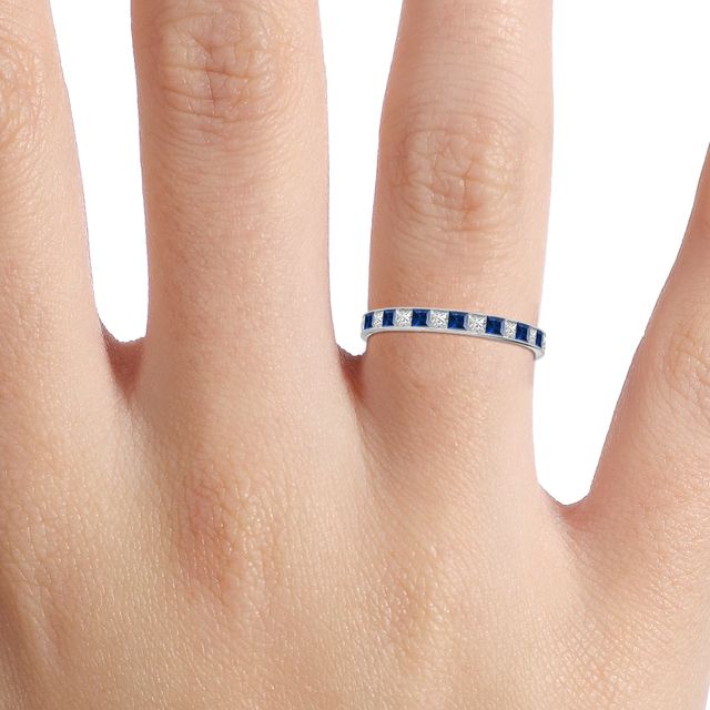 Princess Cut Sapphire And Diamond White Gold Wedding Ring