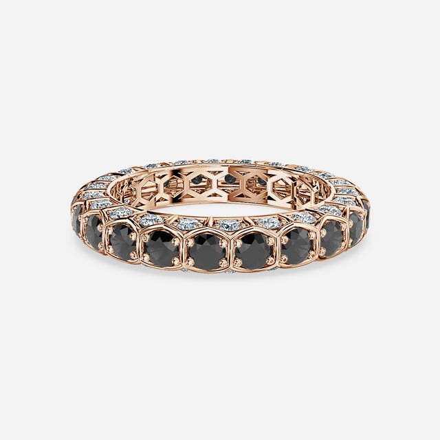 Hexa Black Diamond And Diamond Wedding Ring In Rose Gold
