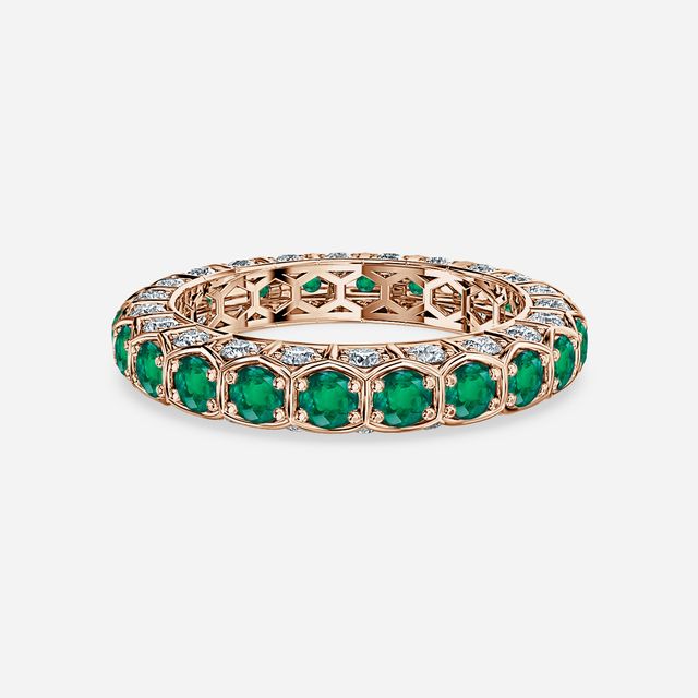 Hexa Green Emerald And Diamond Wedding Ring In Rose Gold