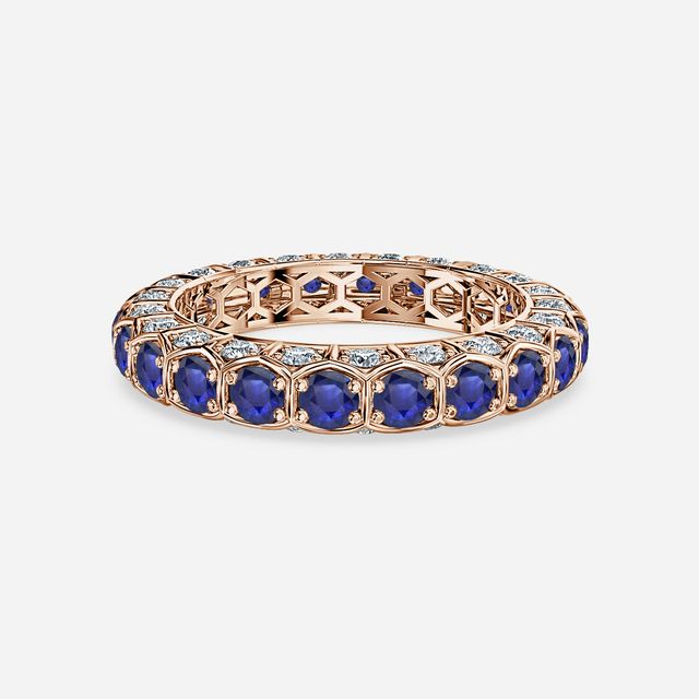 Hexa Blue Sapphire And Diamond Wedding Ring In Rose Gold