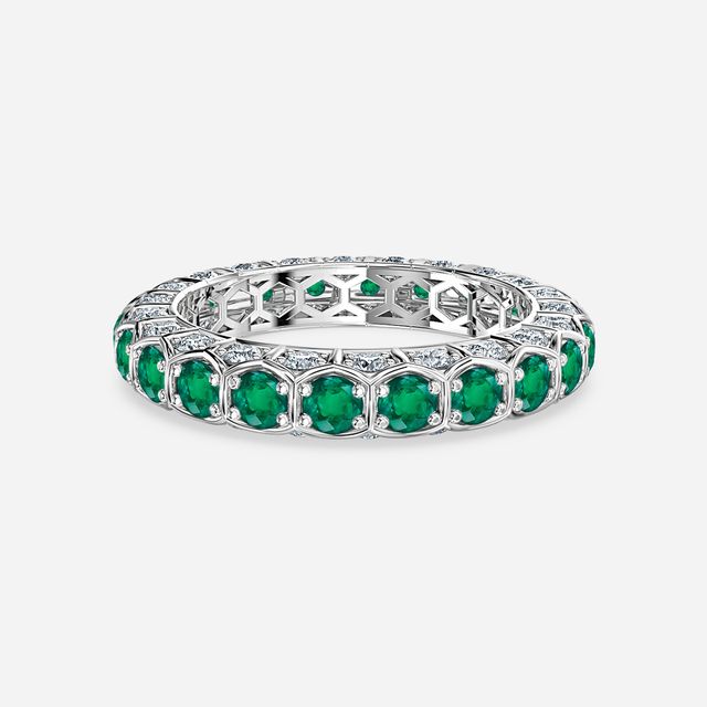 Hexa Green Emerald And Diamond Wedding Ring In Platinum