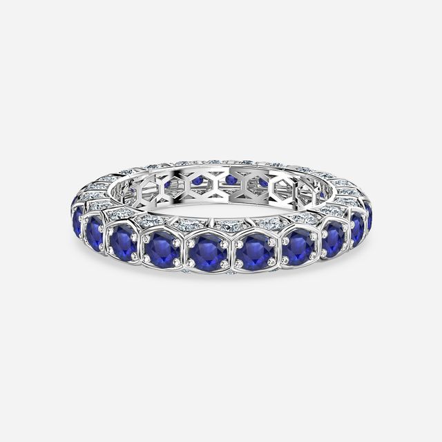 Hexa Blue Sapphire And Diamond Wedding Ring In White Gold