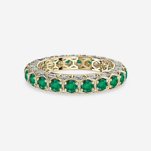 Hexa Green Emerald And Diamond Wedding Ring In Yellow Gold