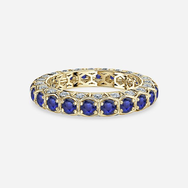 Hexa Blue Sapphire And Diamond Wedding Ring In Yellow Gold