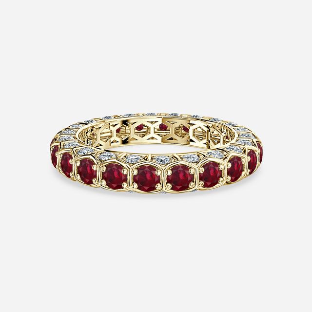 Hexa Ruby and Diamond Eternity Ring In Yellow Gold