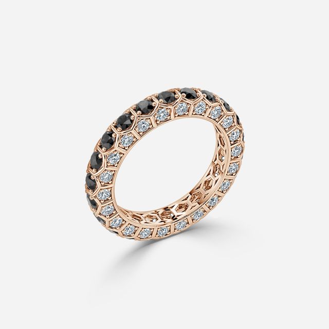Hexa Black Diamond And Diamond Wedding Ring In Rose Gold