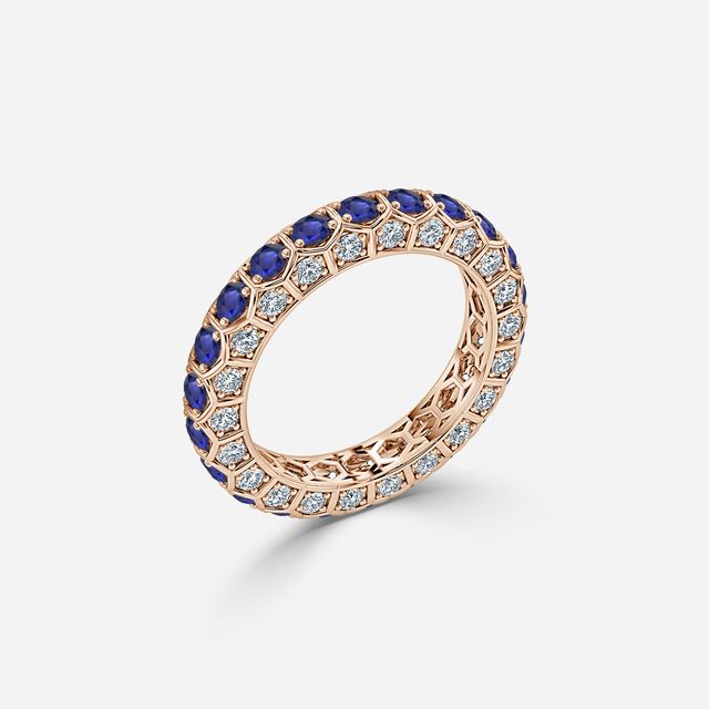 Hexa Blue Sapphire And Diamond Wedding Ring In Rose Gold