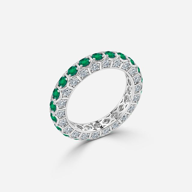 Hexa Green Emerald And Diamond Wedding Ring In Platinum