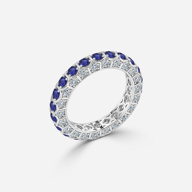 Hexa Blue Sapphire And Diamond Wedding Ring In White Gold