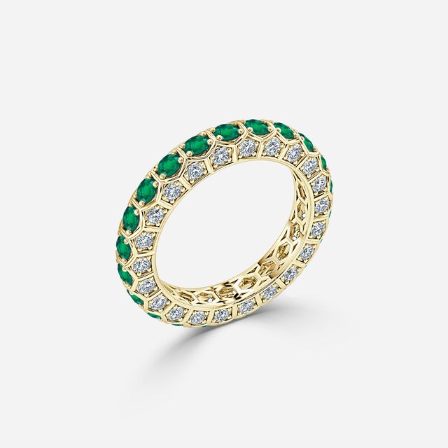 Hexa Green Emerald And Diamond Wedding Ring In Yellow Gold