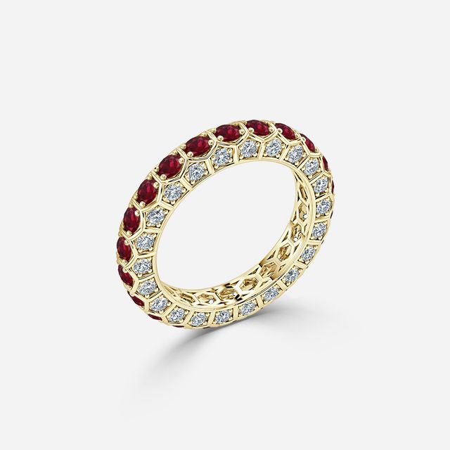 Hexa Ruby and Diamond Eternity Ring In Yellow Gold