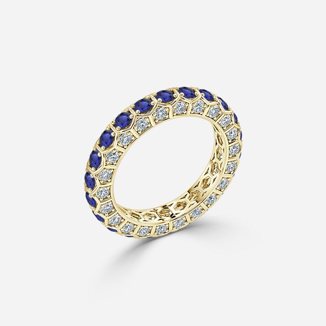 Hexa Blue Sapphire And Diamond Wedding Ring In Yellow Gold