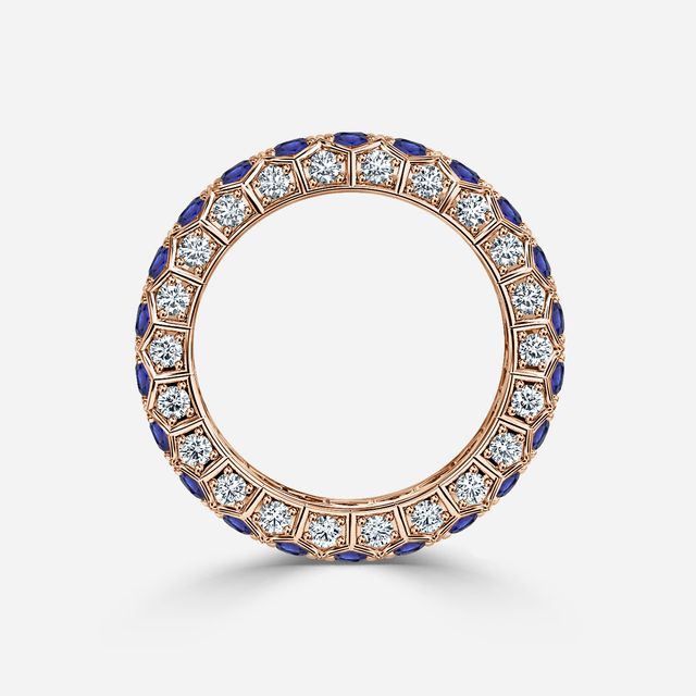 Hexa Blue Sapphire And Diamond Wedding Ring In Rose Gold