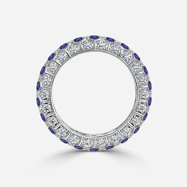 Hexa Blue Sapphire And Diamond Wedding Ring In White Gold