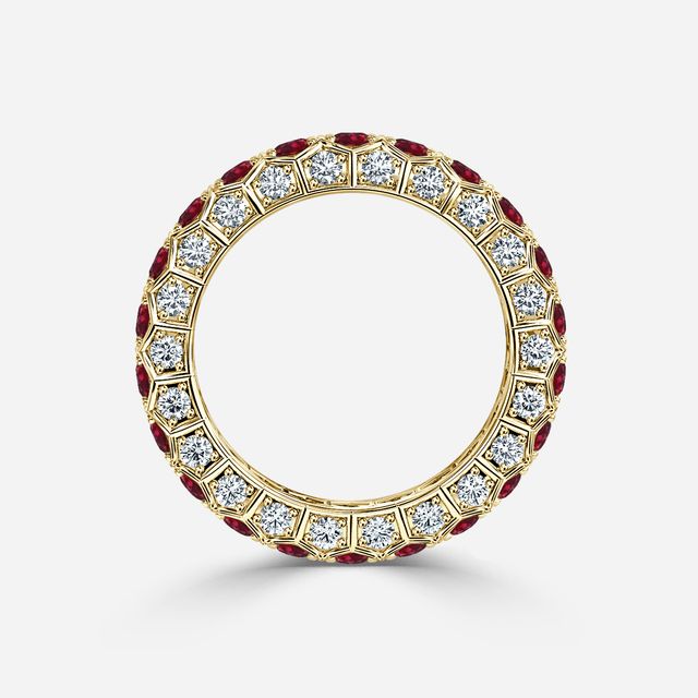 Hexa Ruby and Diamond Eternity Ring In Yellow Gold
