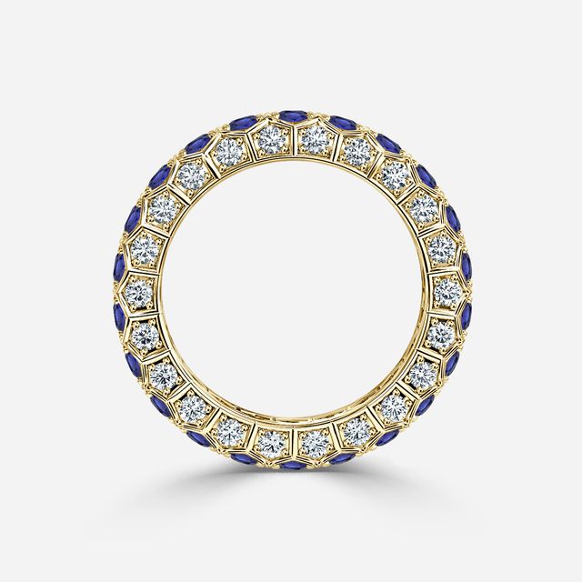 Hexa Blue Sapphire And Diamond Wedding Ring In Yellow Gold