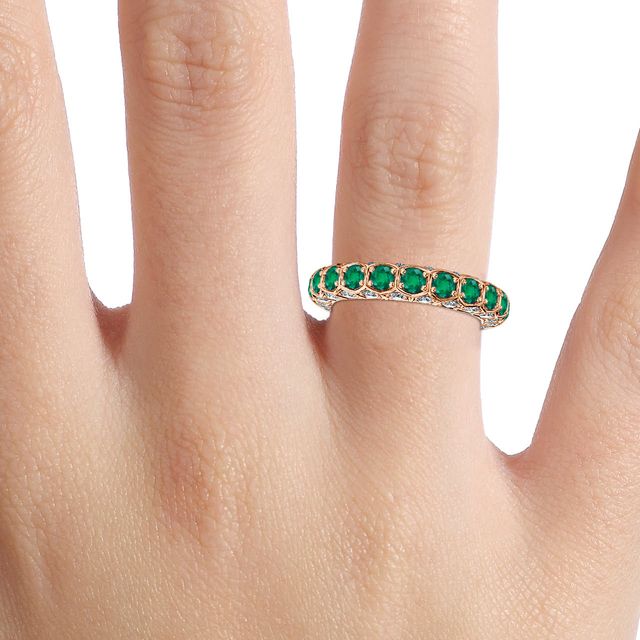 Hexa Green Emerald And Diamond Wedding Ring In Rose Gold