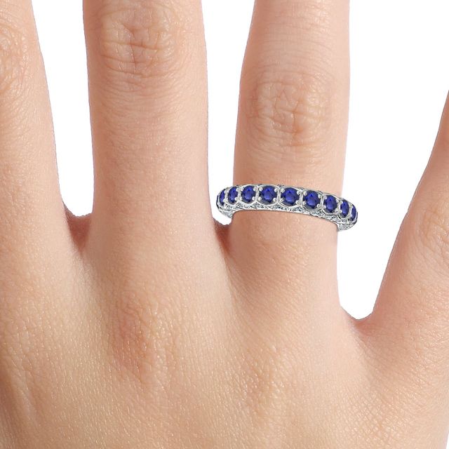Hexa Blue Sapphire And Diamond Wedding Ring In White Gold