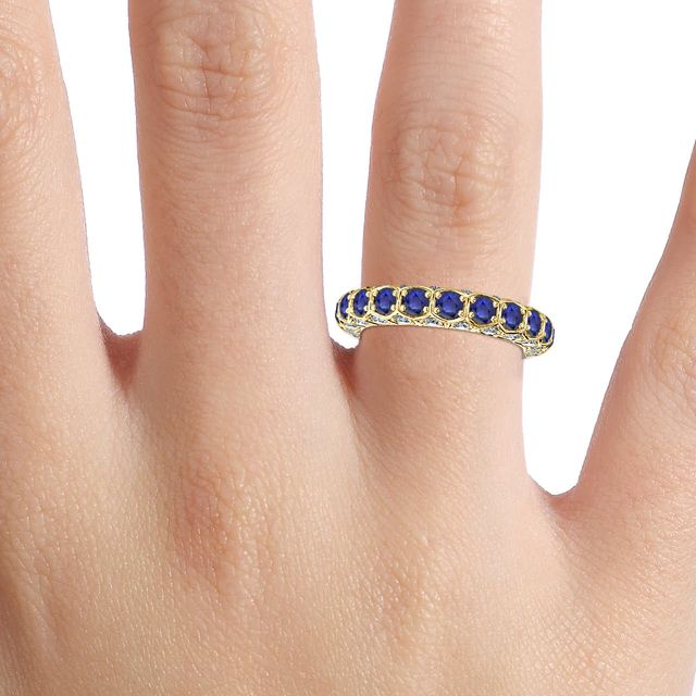 Hexa Blue Sapphire And Diamond Wedding Ring In Yellow Gold