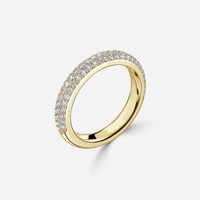 Three Row Diamond French Pave Set Wedding Ring In Yellow Gold