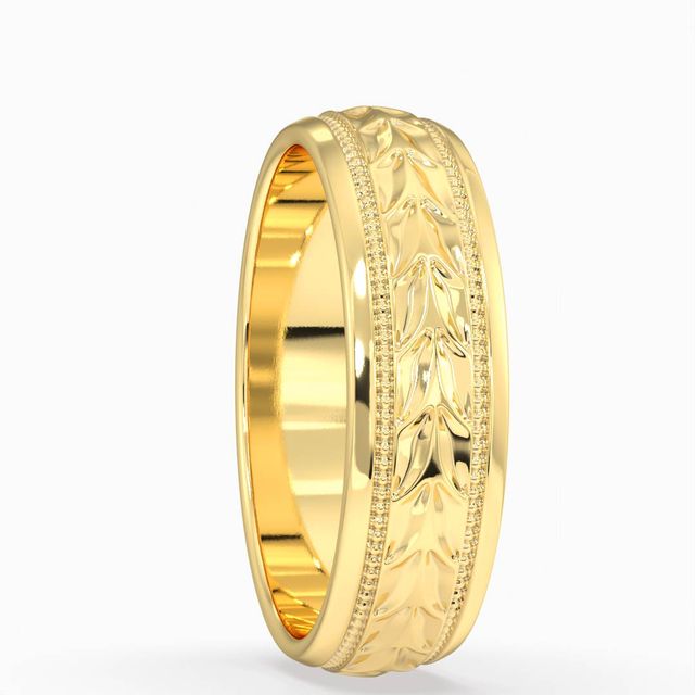 Ares Yellow Gold Carved Milgrain Gents Wedding Ring