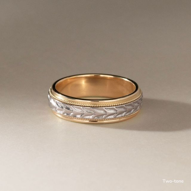 Ares Yellow Gold Carved Milgrain Gents Wedding Ring