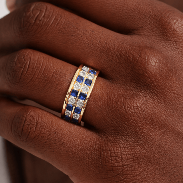 Bradley Yellow Gold Round And Sapphire Emerald Diamond Wedding Ring