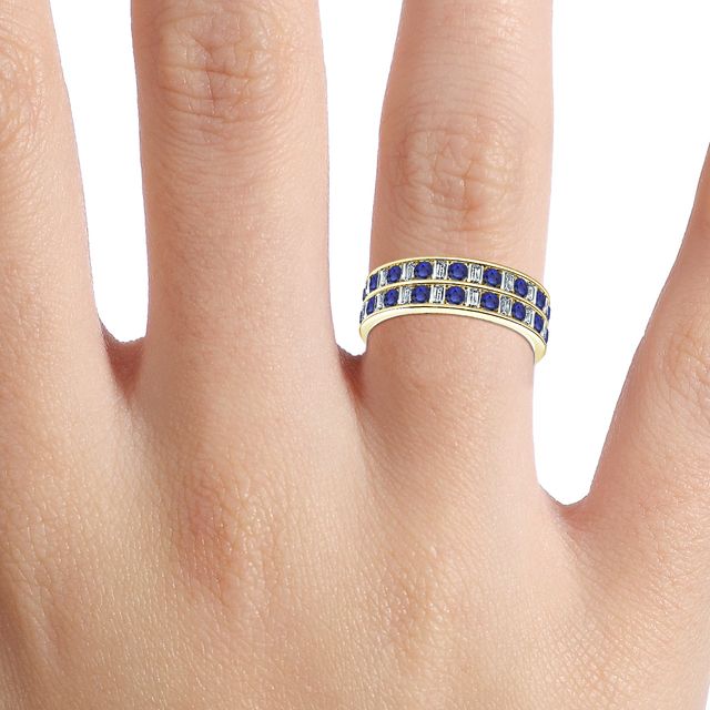 Bradley Yellow Gold Emerald and Sapphire Round Diamond Wedding Ring