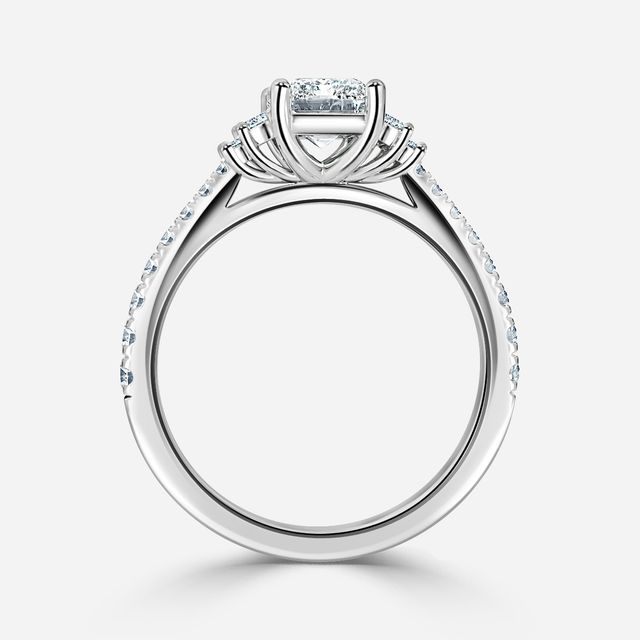 Sara Emerald Cut Pave White Gold Trilogy Engagement Ring