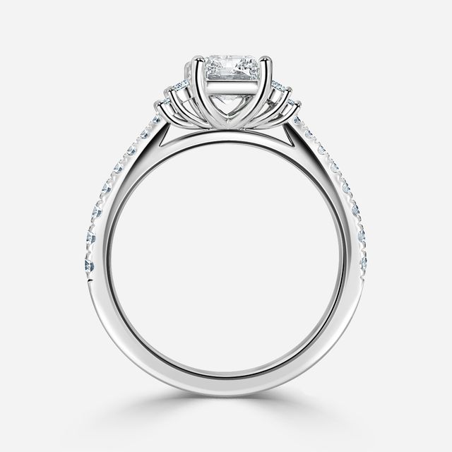 Sara Emerald Cut Pave White Gold Trilogy Engagement Ring