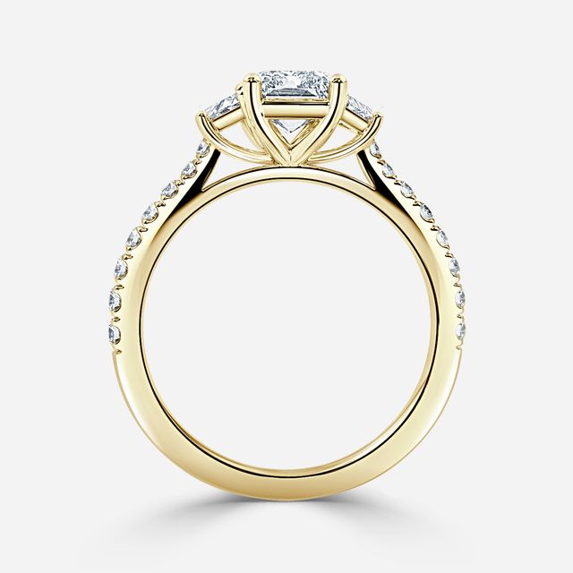 Vedette Yellow Gold Trilogy Diamond Ring With Pavé Band