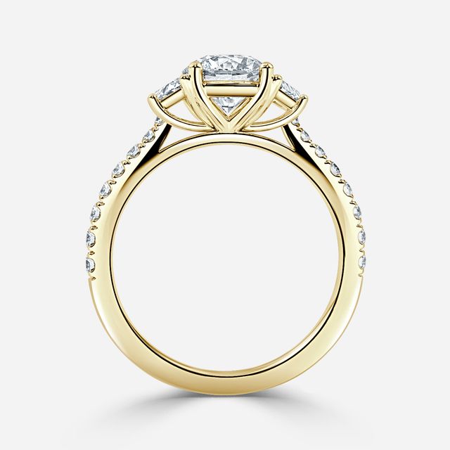 Vedette Yellow Gold Trilogy Diamond Ring With Pavé Band