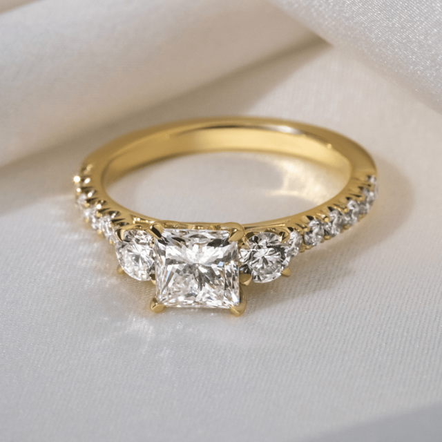 1.30ct Crown Yellow Gold Trilogy Engagement Ring Princess Lab Diamond