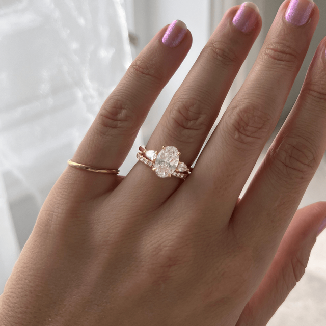 2.00ct Vivian Yellow Gold Trilogy Engagement Ring Oval And Pear Lab Diamond