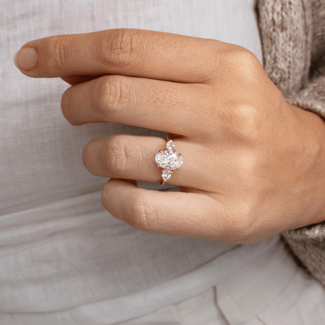 2.00ct Vivian Yellow Gold Trilogy Engagement Ring Oval And Pear Lab Diamond