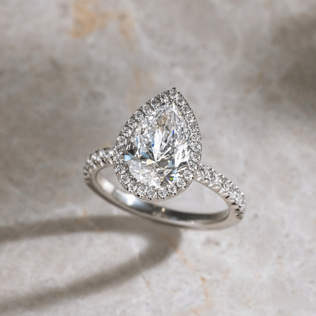 2.30ct Lab Grown Pear Platinum Lotus Halo Engagement Ring