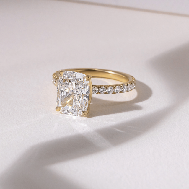 3.00 Carat Lab Grown Elongated Cushion Cut Diamond Yellow Gold Engagement Ring