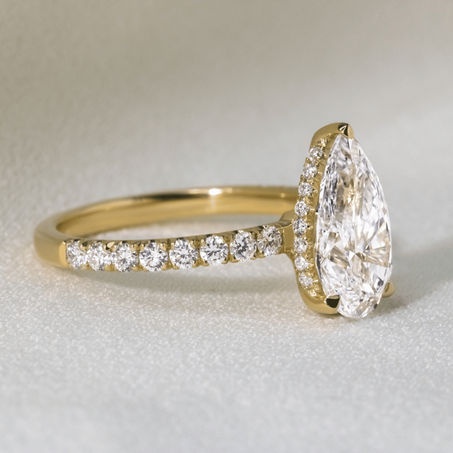 2 Carat Lab Grown Pear Shaped Diamond Yellow Gold Hidden Halo Sadie Engagement Ring