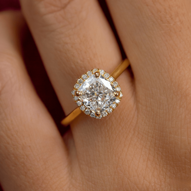 2.00ct Ava Yellow Gold Lab Grown Cushion Halo Engagement Ring
