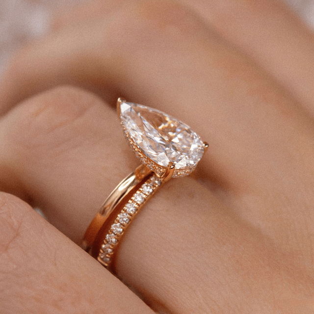 3 Carat Lab Grown Pear Shaped Diamond Rose Gold Kate Solitaire Hidden Halo Engagement Ring