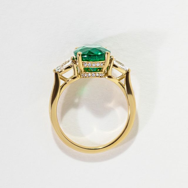 3 ct Oval Zambian Emerald Yellow Gold Trilogy Engagement Ring